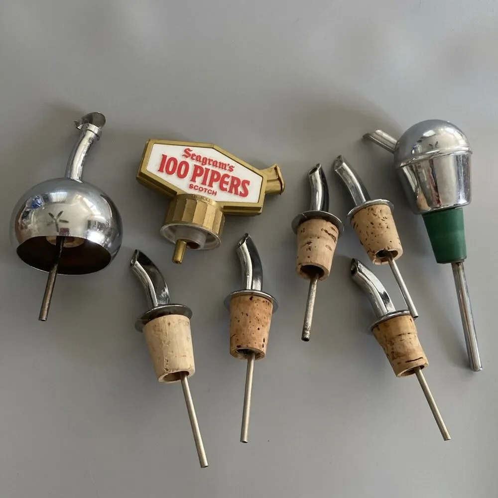 8 Vintage Mid-Century Modern Drink Liquor Bottle Shot Pourers Spouts Chrome Ads